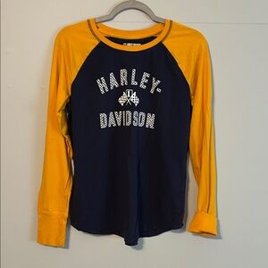 Harley-Davidson Ladies Large.  Long Sleeve baseball tshirt in Navy and Gold.